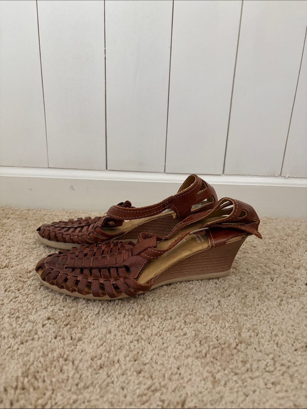 Woven Leather Slingback Wedges in Brown